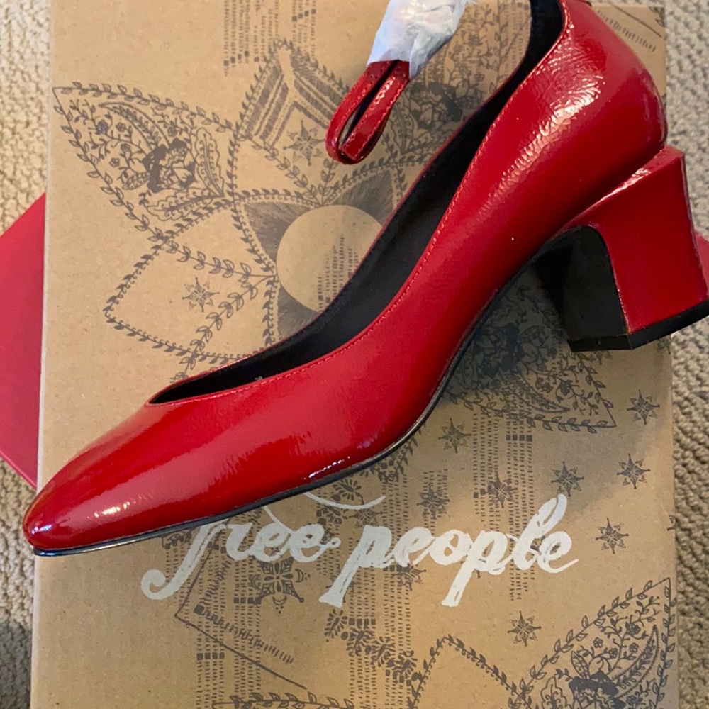 Free People red Lana block heel shoes.